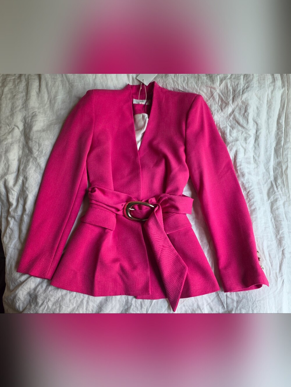 Zara Shoulder Pad Blazer With Buckle Belt Fuschia Bnwt - Picture 2 of 16